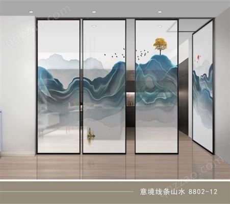 新中式美感夹娟山水画夹丝玻璃隔断 酒店 支持定制
