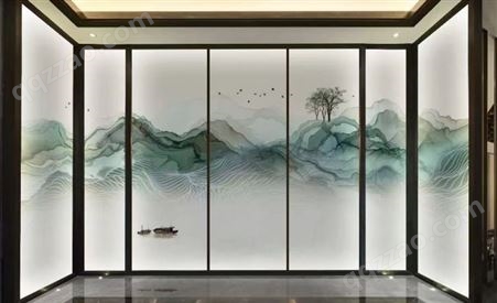 新中式美感夹娟山水画夹丝玻璃隔断 酒店 支持定制